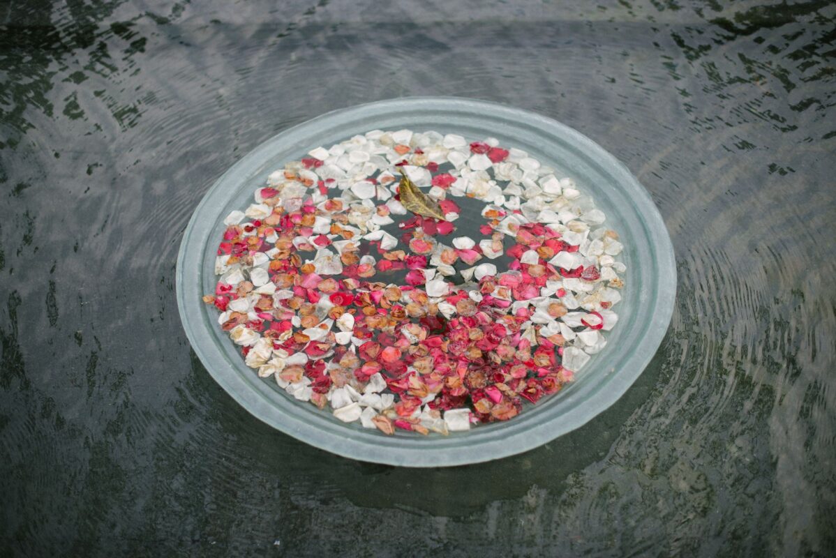 Shallow bowl of pink and white flower petals floating on dark water in a Balinese spa setting